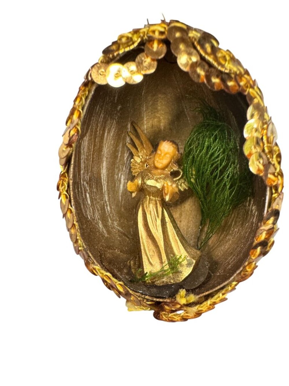 Vintage Eggshell Diorama Angel Ornament Gold Sequin Trim 2" - Picture 2 of 6